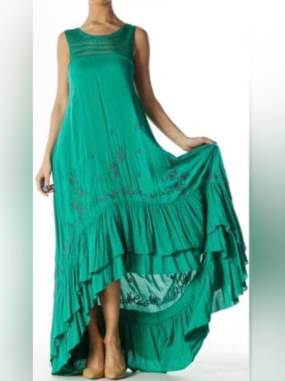 Free People Long Crochet Dress with Tiers in Emerald Combo short front Small
